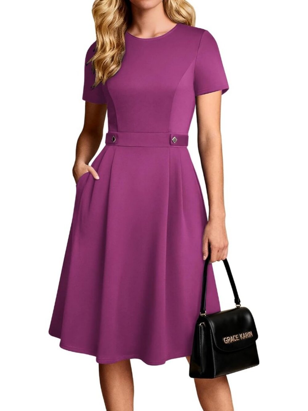 〽️ Women's Rose Purple Short Sleeve A Line Pockets Church Work Office Midi Dress